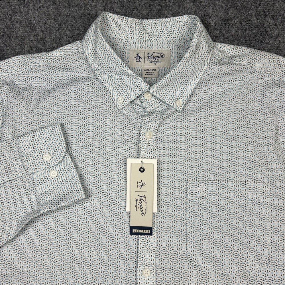 Original Penguin Button Down Shirt Mens XL Blue Geometric Stretch Long Sleeve